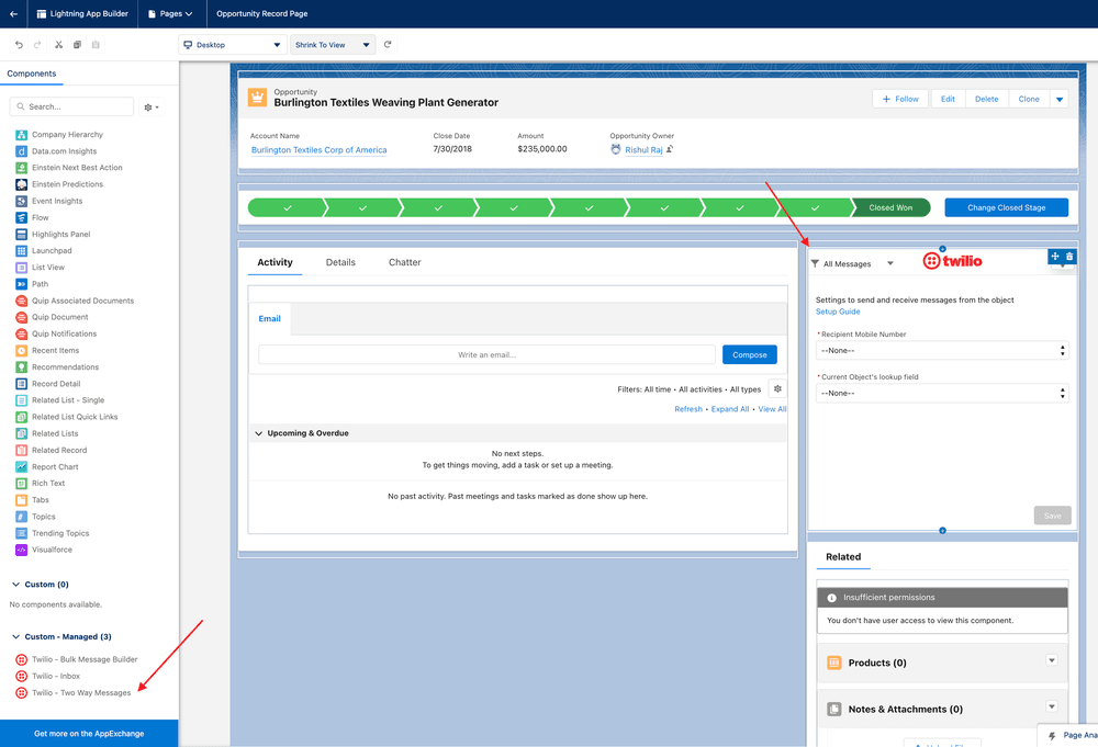 Salesforce opportunity page with Twilio integration panel for message settings.
