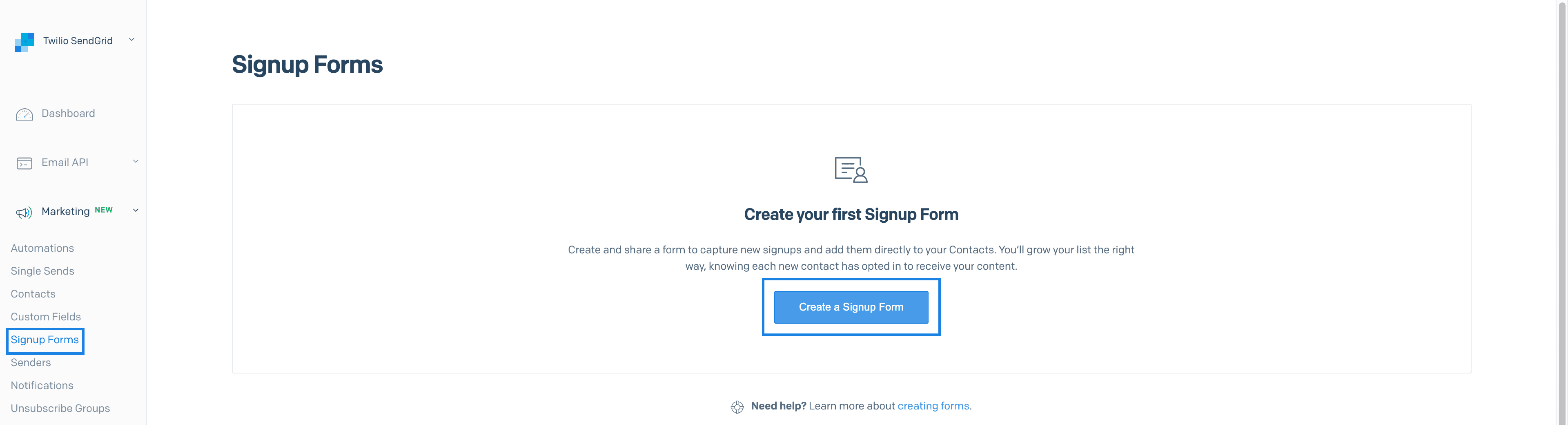 Signup Forms page with action menu open, highlighting 'Share Code' option for Newsletter Signup.