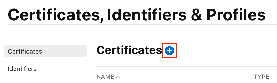 Certificates section with a blue plus icon for adding new certificates in the Certificates, Identifiers & Profiles interface.