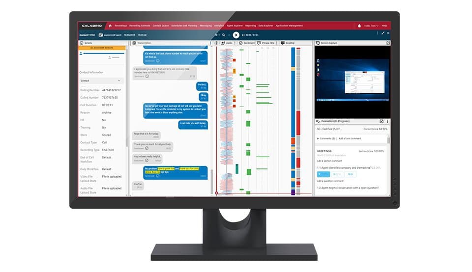 Calabrio One interface showing chat transcript, audio analysis, and screen capture.