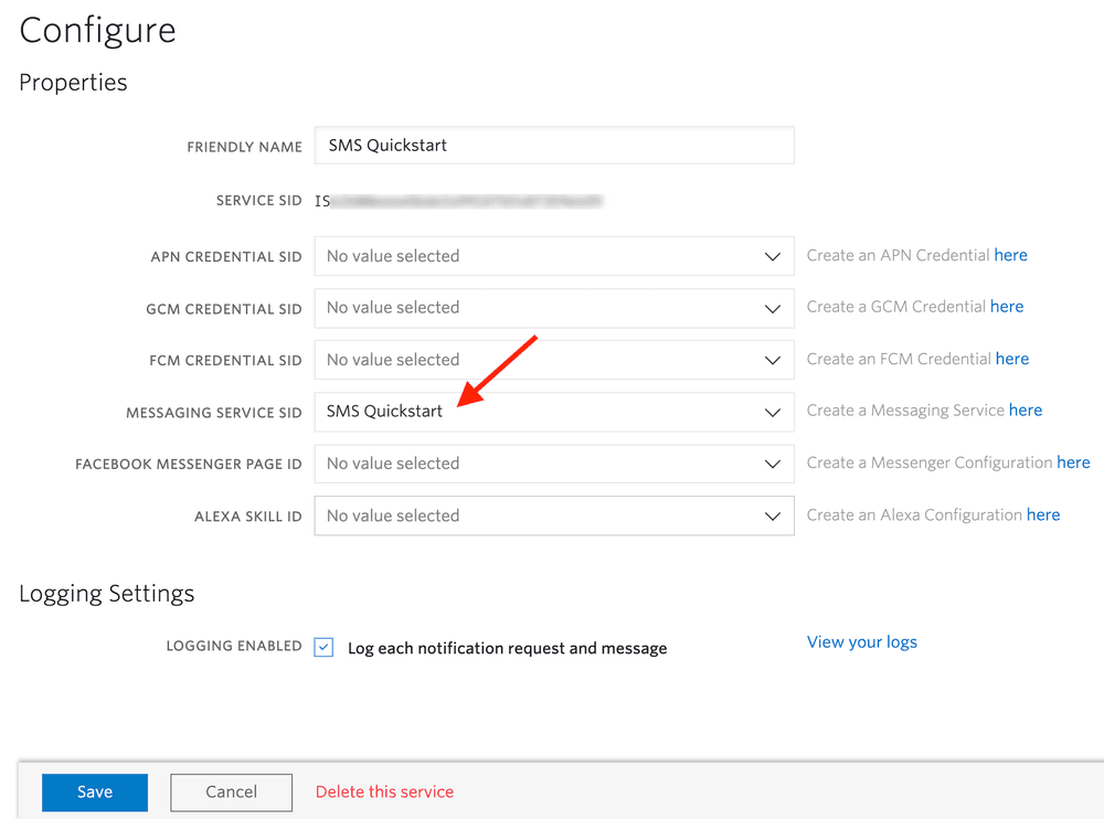 Configure SMS Quickstart with Messaging Service SID highlighted.