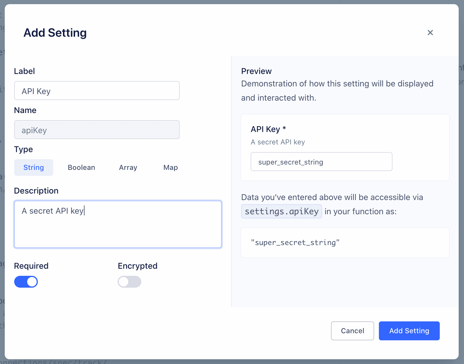 A screenshot of the 'Add Setting' section of the functions settings tab, with apiKey settings included.