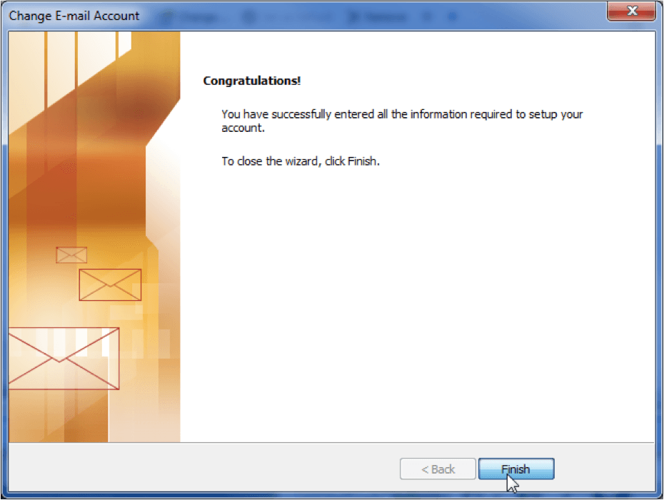 Outlook 2013 email setup completion message with Finish button highlighted.