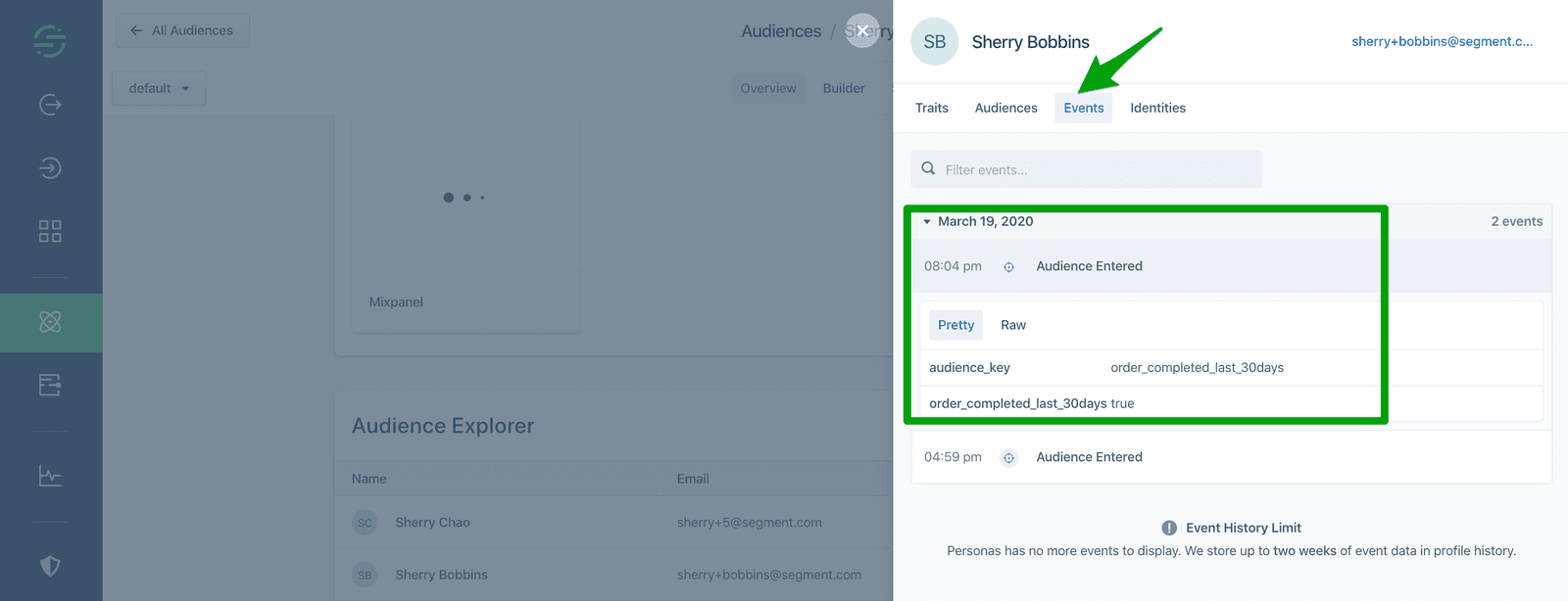 A screenshot of Segment's Audience Explorer with an Audience Entered event.