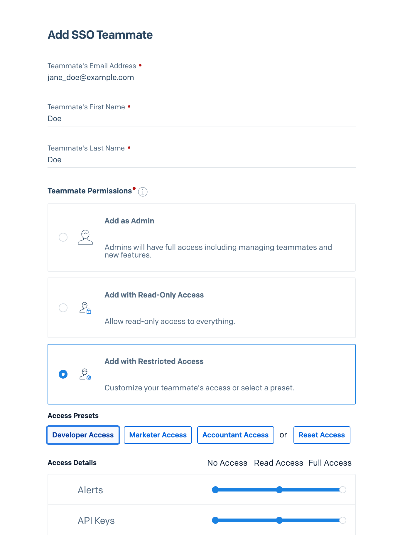 Add SSO teammate with options for admin, read-only, or restricted access.