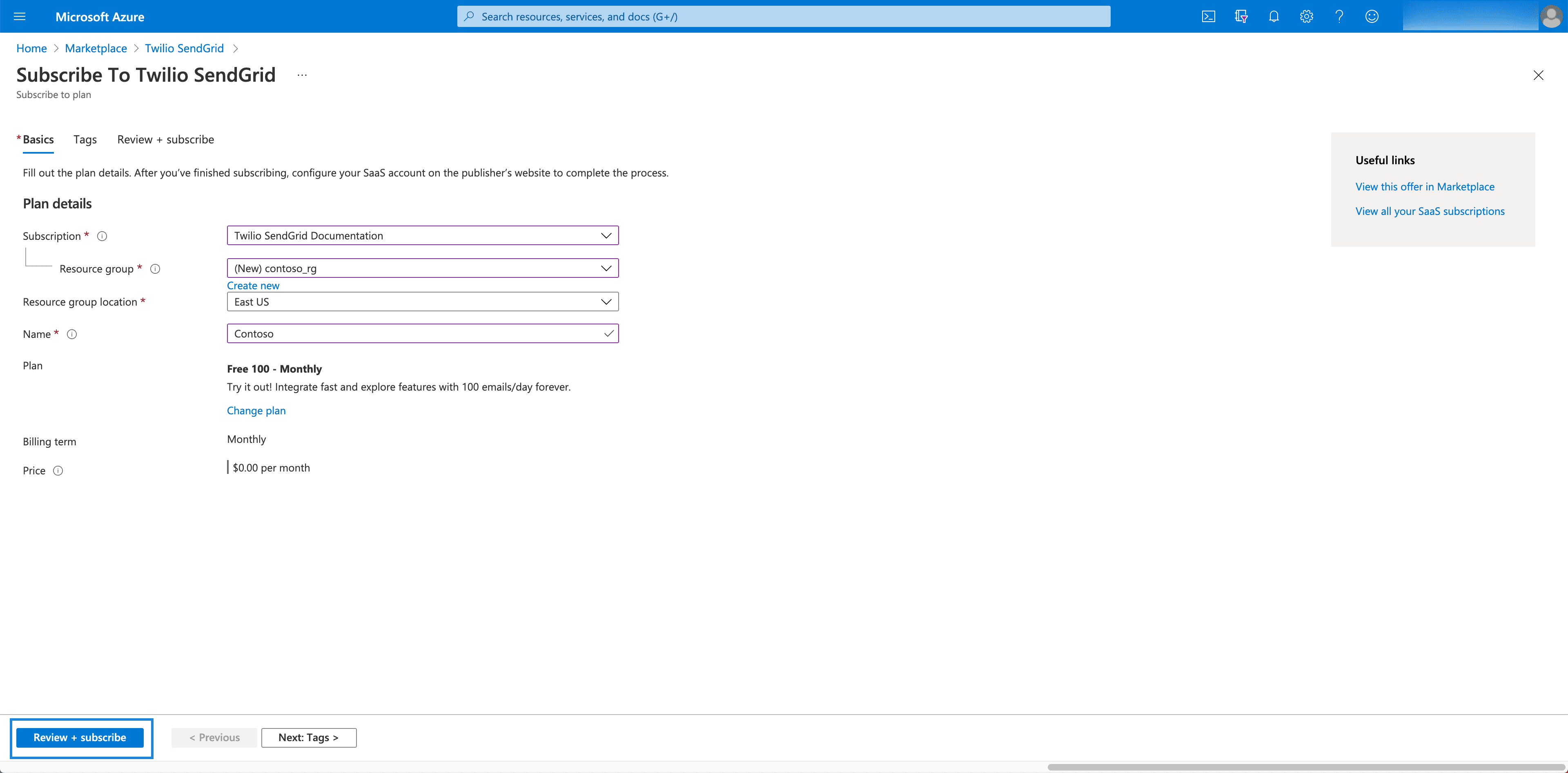 Azure interface for subscribing to Twilio SendGrid with plan details and pricing.