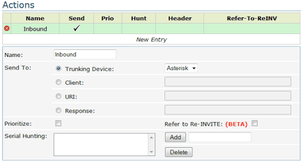 EdgeMarc settings for inbound trunking with options for device, client, URI, and response.