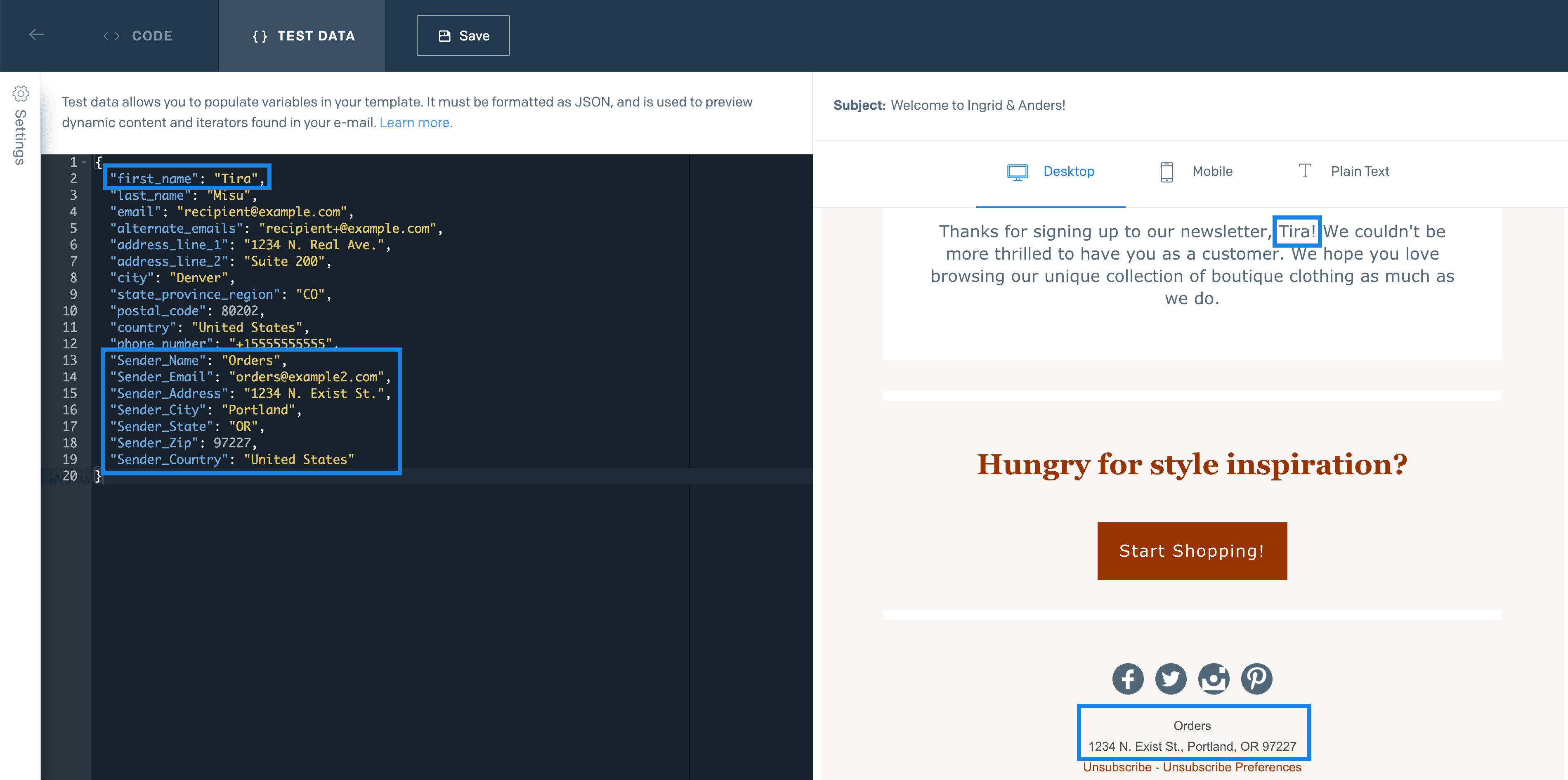 JSON test data with name Tira displayed in email template preview.