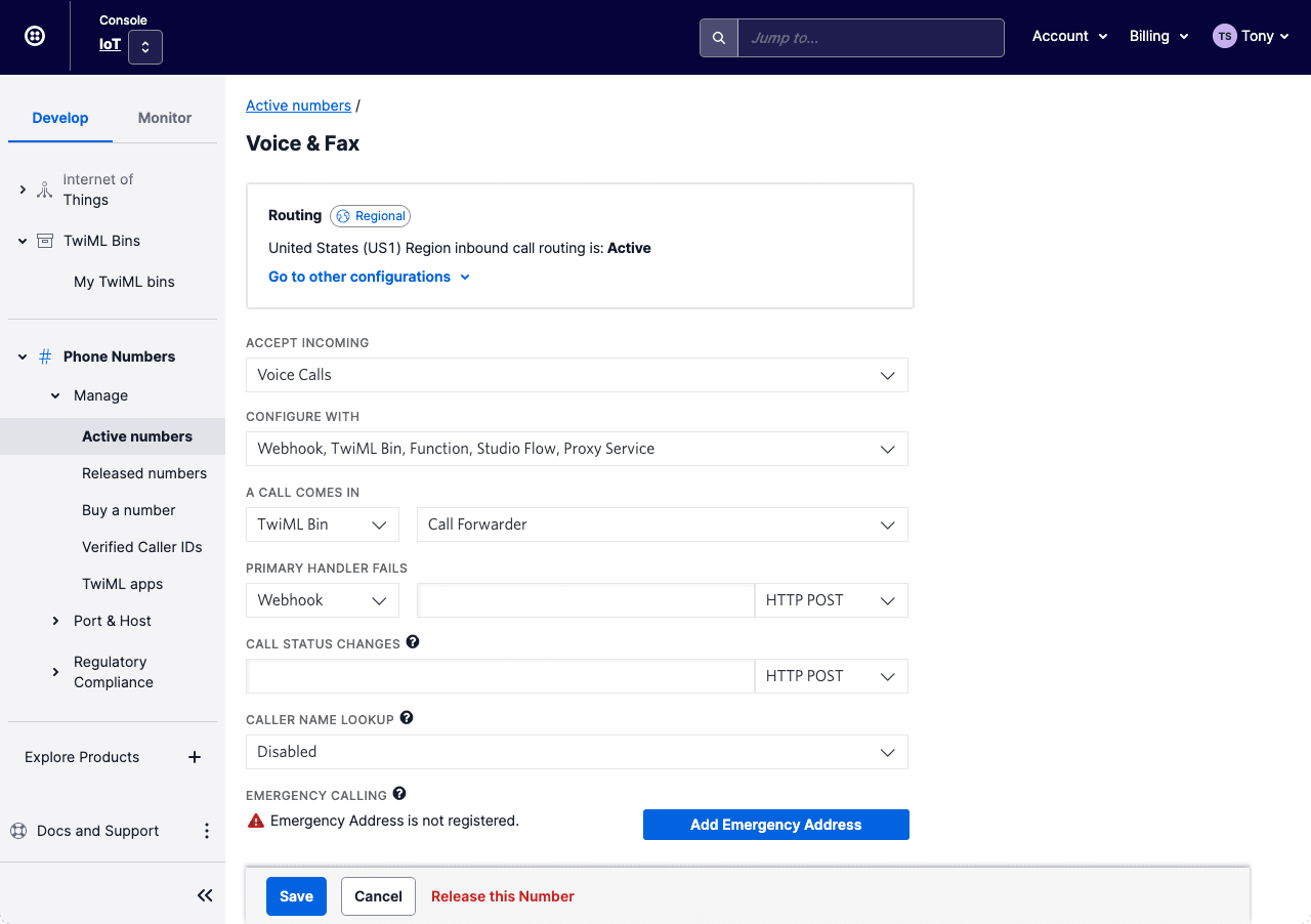 Twilio for Salesforce call forwarding settings with options for routing and emergency address.