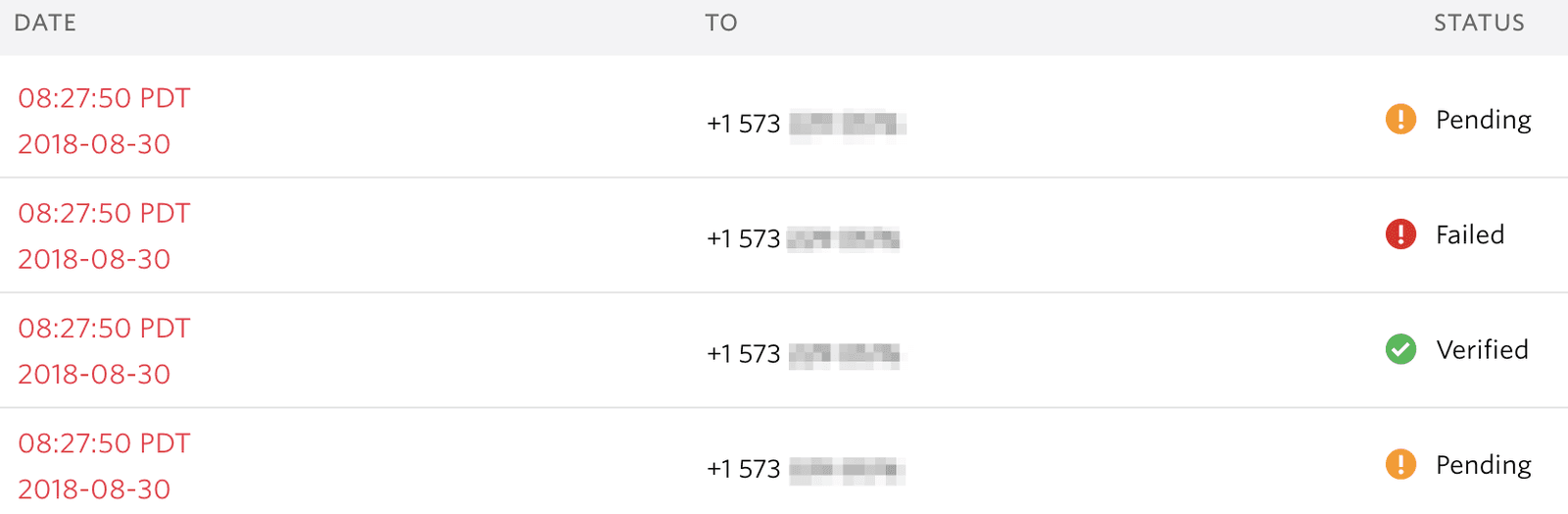 Verification logs showing status as pending, failed, and verified for different timestamps.
