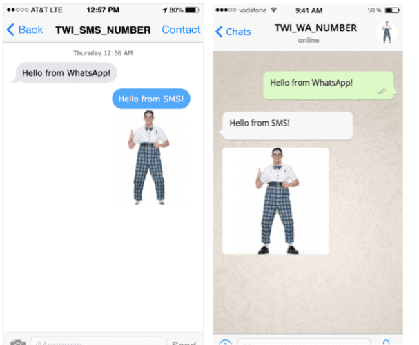 Comparison of WhatsApp and SMS messages with identical content and .