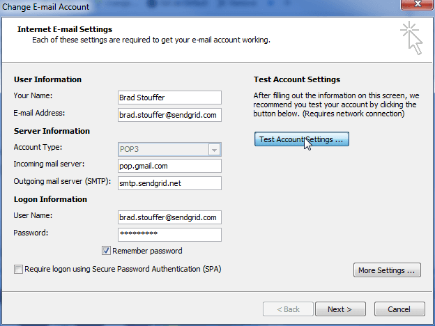 Change email account settings with user and server information fields, and test account settings button.