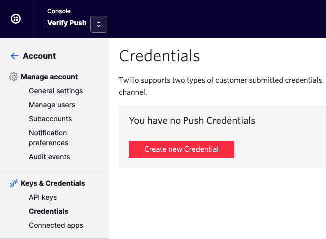 Twilio Console showing no Push Credentials with a button to create new credential.