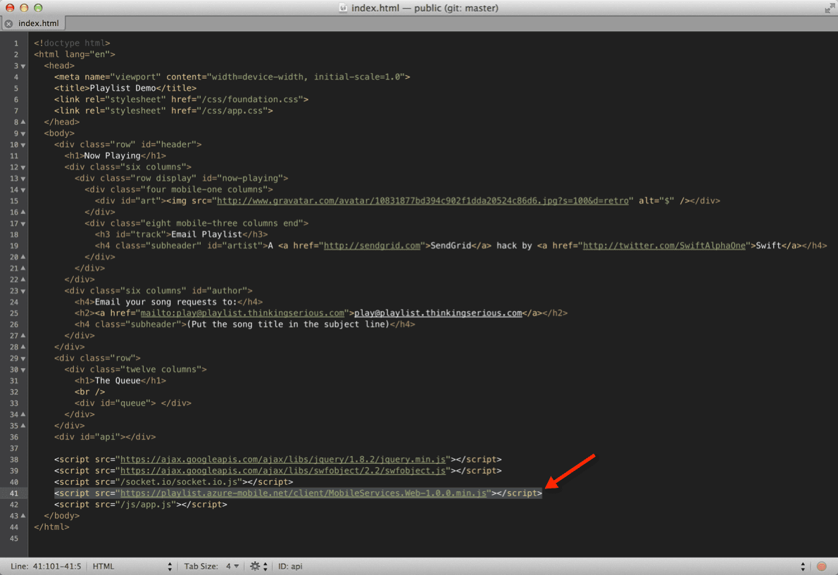 Code editor showing HTML with script tag for Azure Mobile Services.
