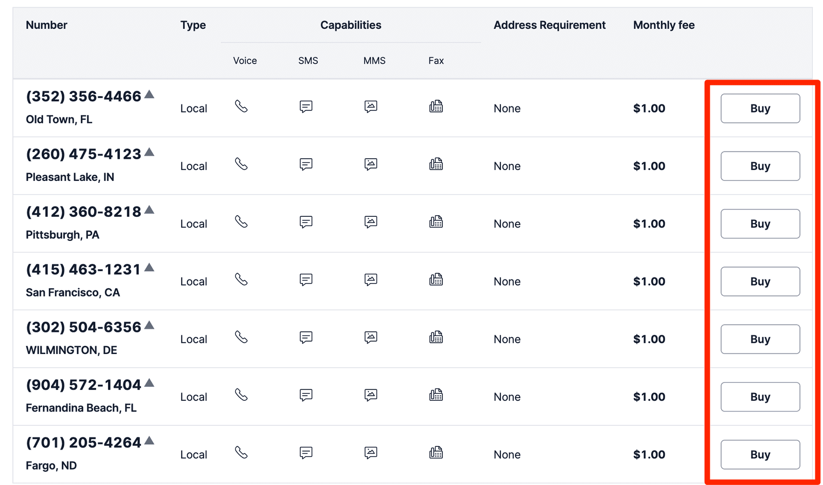 List of phone numbers available for purchase with capabilities and fees.