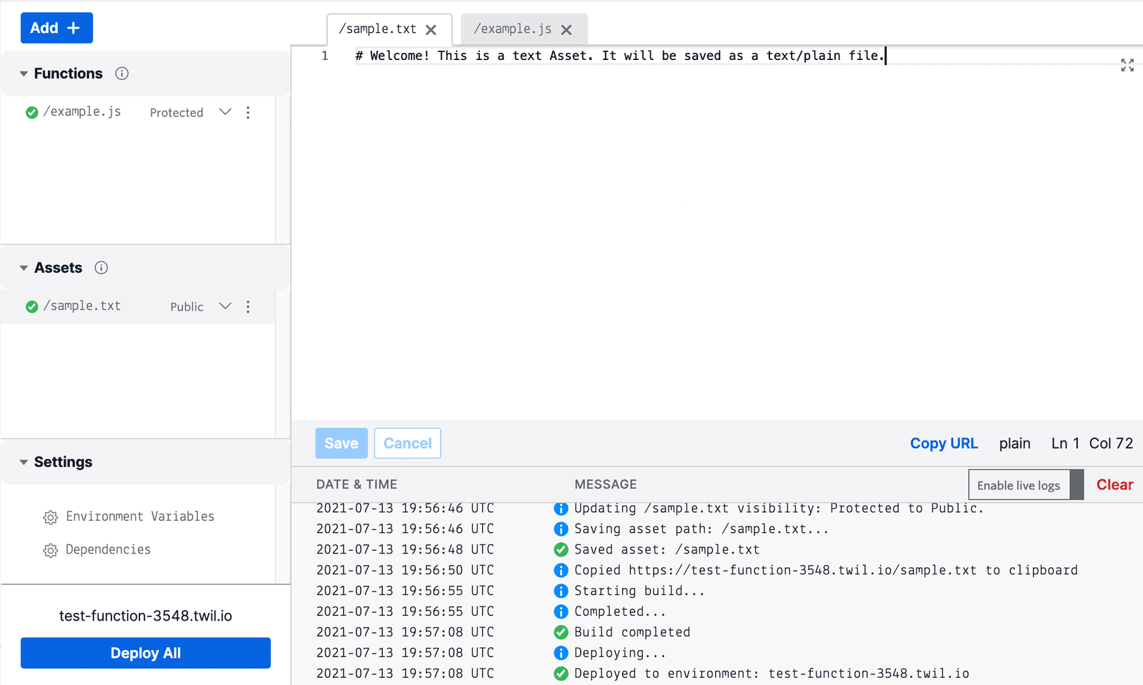 Text editor with sample.txt showing deployment logs and asset visibility settings.