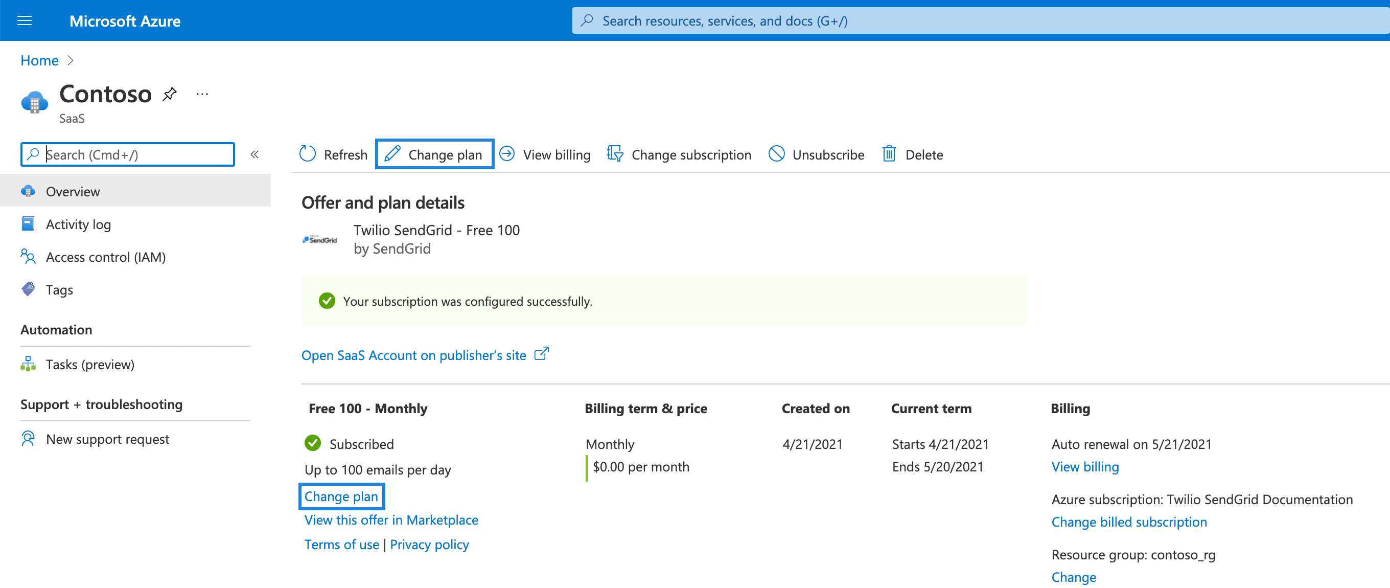 Azure portal with Twilio SendGrid 'Change plan' link highlighted under subscription details.