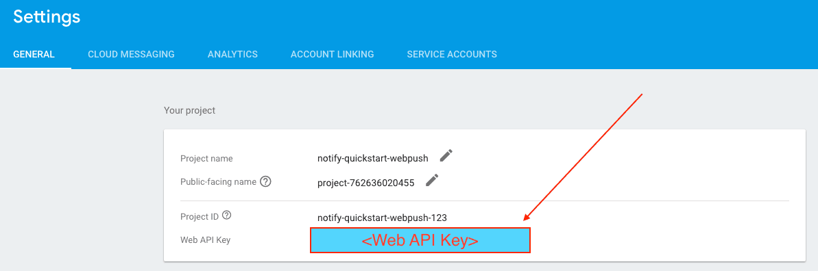 Firebase settings showing project name and Web API Key highlighted.