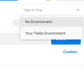 Dropdown showing options 'No Environment' and 'Your Twilio Environment'.