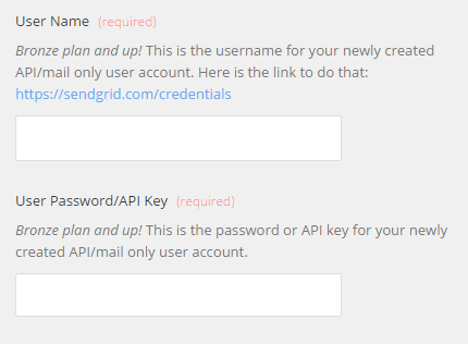 Fields for entering SendGrid API username and password, with link to credentials page.
