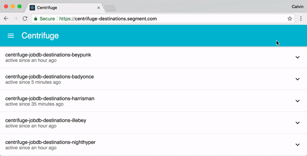 Web page showing a list of active Centrifuge job destinations with their status and last activity time.