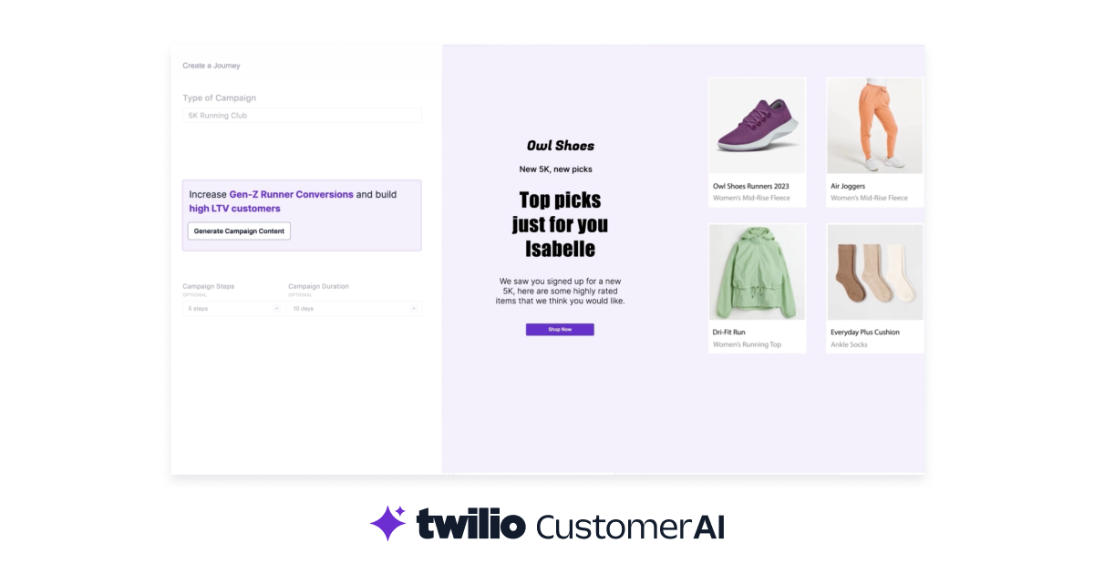 A screenshot of a marketing campaign content creation interface featuring a product showcase on the right, with a message inviting the user to buy shoes, and the Twilio CustomerAI logo at the bottom.