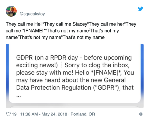 A tweet by @squeakytoy humorously referencing a failed email mail merge, showing repeated placeholder text instead of names (|FNAME|) in a GDPR notice email screenshot, with a caption mimicking the mistake: "They call me |FNAME| That's not my name."