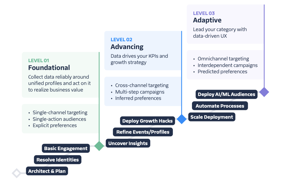 A diagram depicting three levels of data maturity: Level 1 (Foundational) focuses on basic engagement and single-channel targeting; Level 2 (Advancing) introduces cross-channel targeting and insights; Level 3 (Adaptive) emphasizes omnichannel targeting, automated processes, and predicted preferences, with key actions and milestones listed for each level.