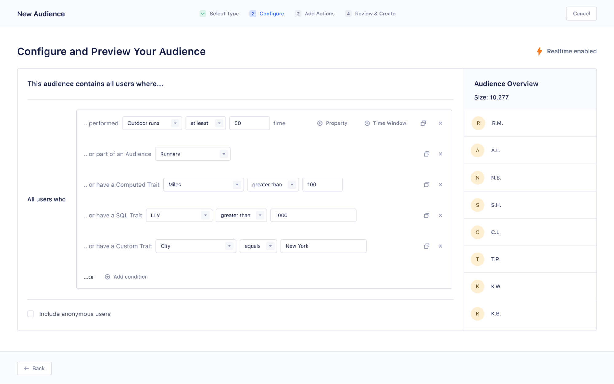 Audience builder screen with filters for user traits and behaviors, and a sidebar showing a real-time audience preview and member initials.