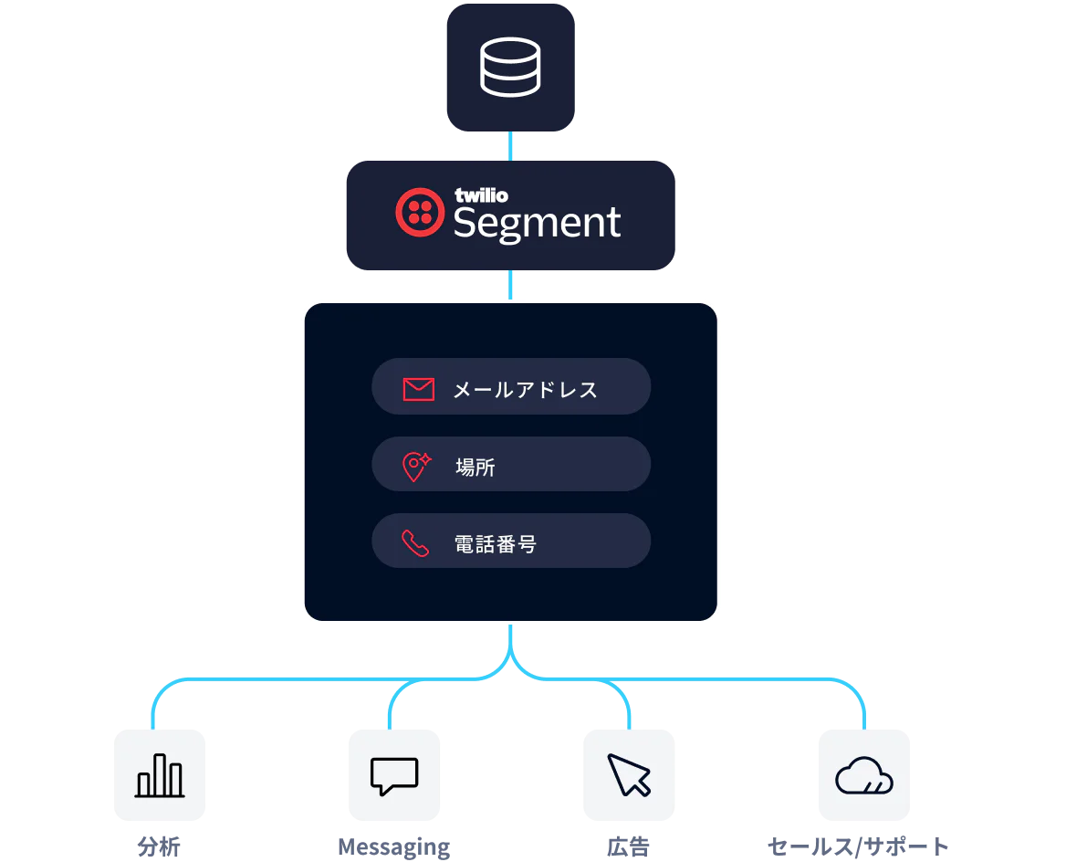 Diagram showing Twilio Segment collecting email, location, and phone data, flowing to analytics, messaging, advertising, and sales/support.