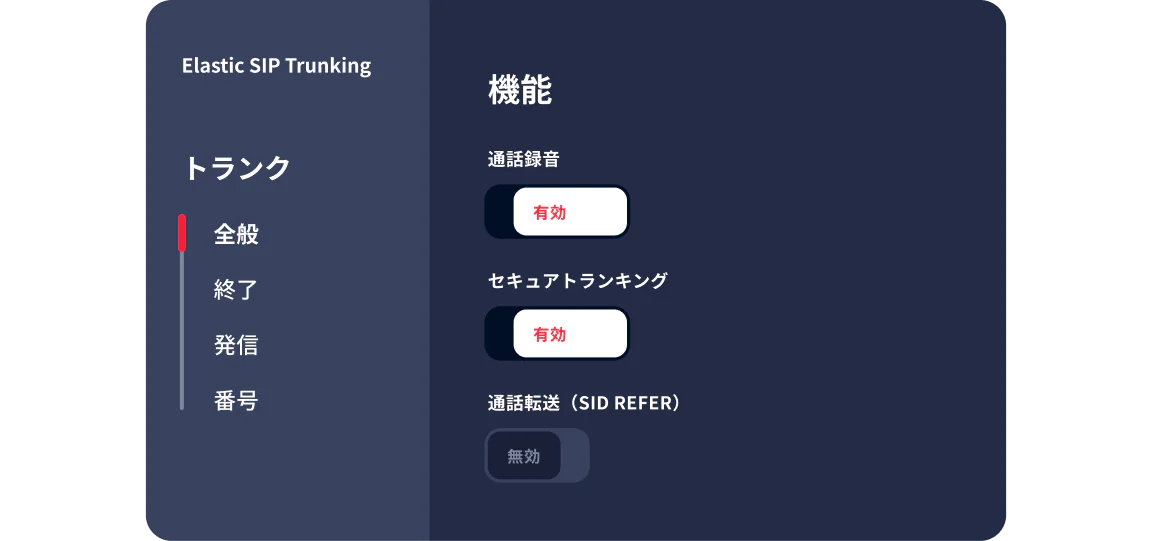 Dashboard displaying SIP trunking options with call recording and secure trunking enabled, and call transfer disabled.