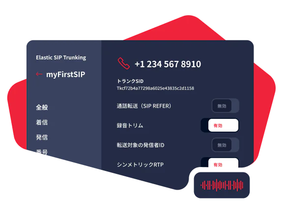UI showing details of a SIP trunk configuration, with options for call transfer, recording, and symmetric RTP.