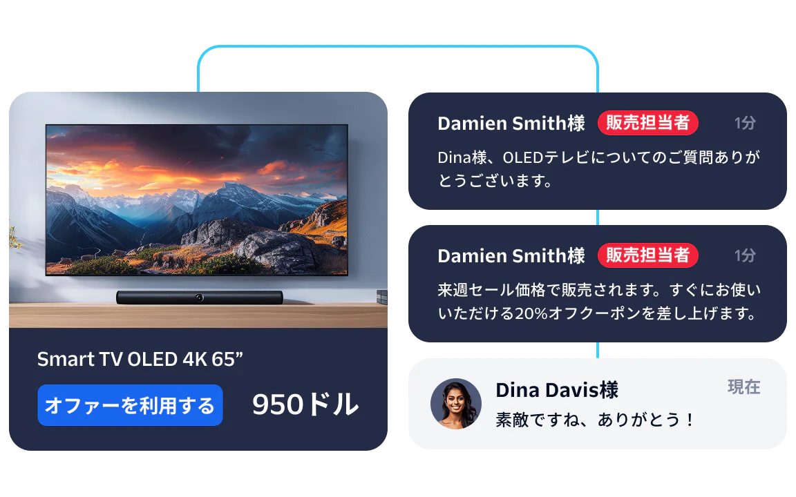 Sales rep chats with customer about a $950 Smart TV OLED 4K 65 offer.