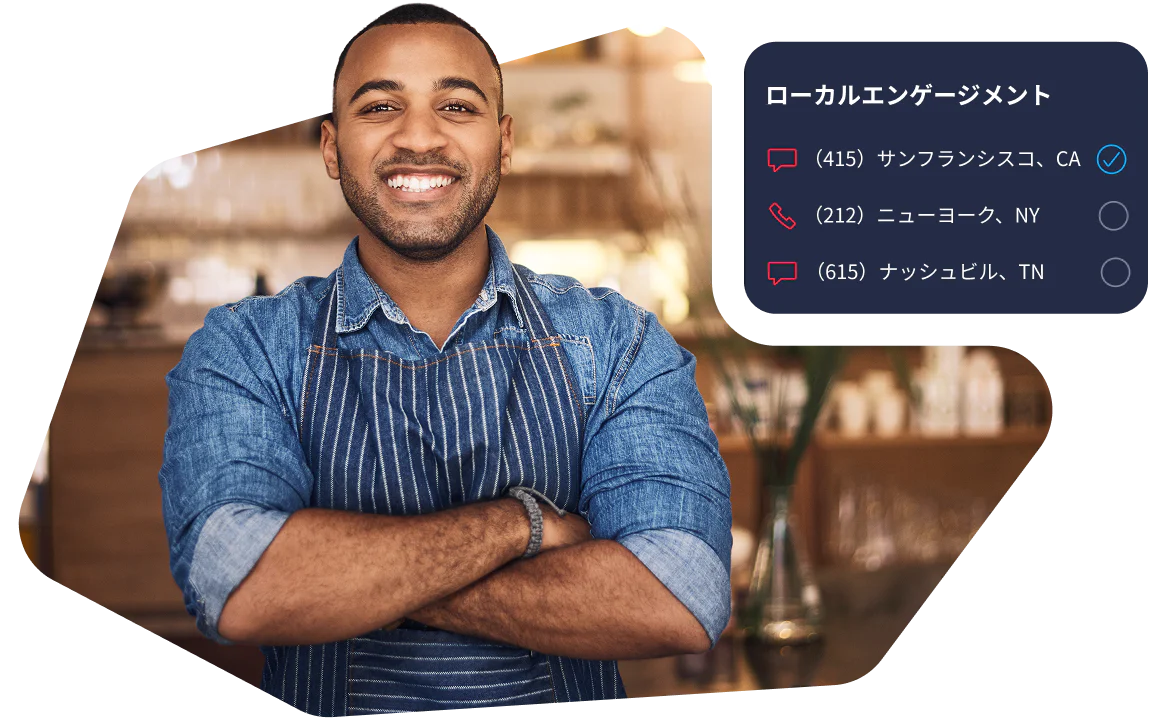 Smiling barista in a coffee shop with a contact list for local engagement on the side.