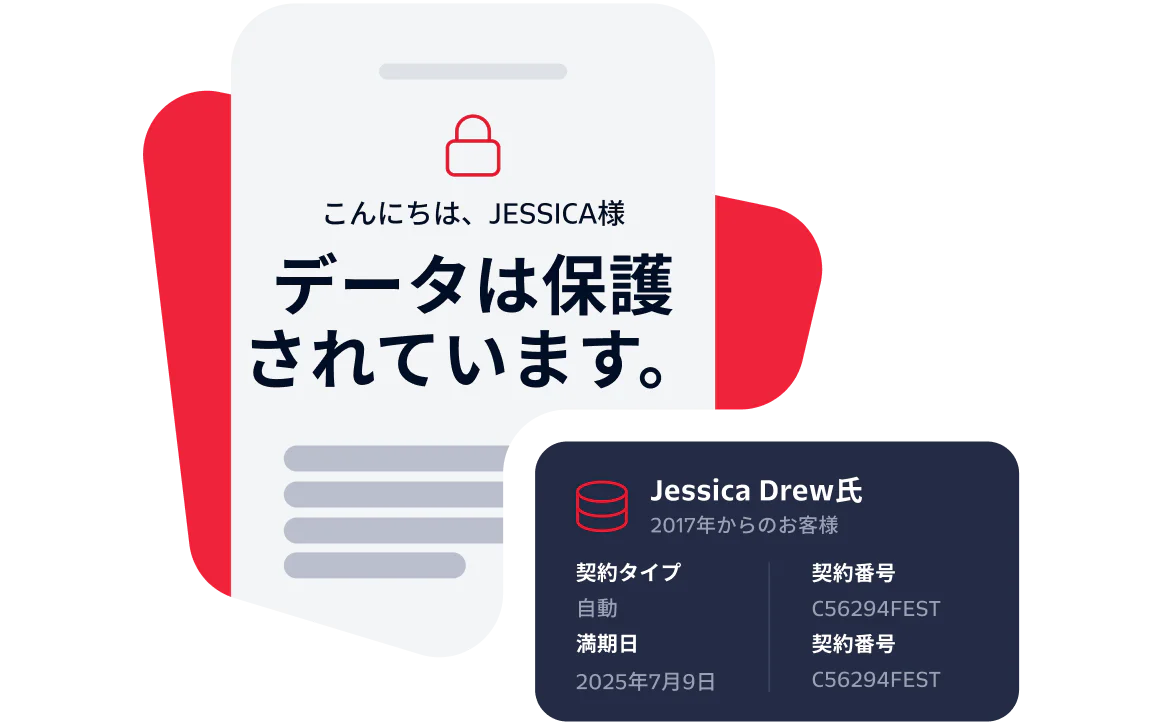 A digital card notifies Jessica Drew that her data is secured with policy details and renewal date.