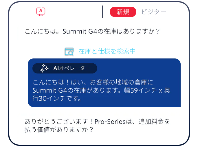 Web chat interface showing customer inquiry about Summit G4 availability and AI agent confirming stock.