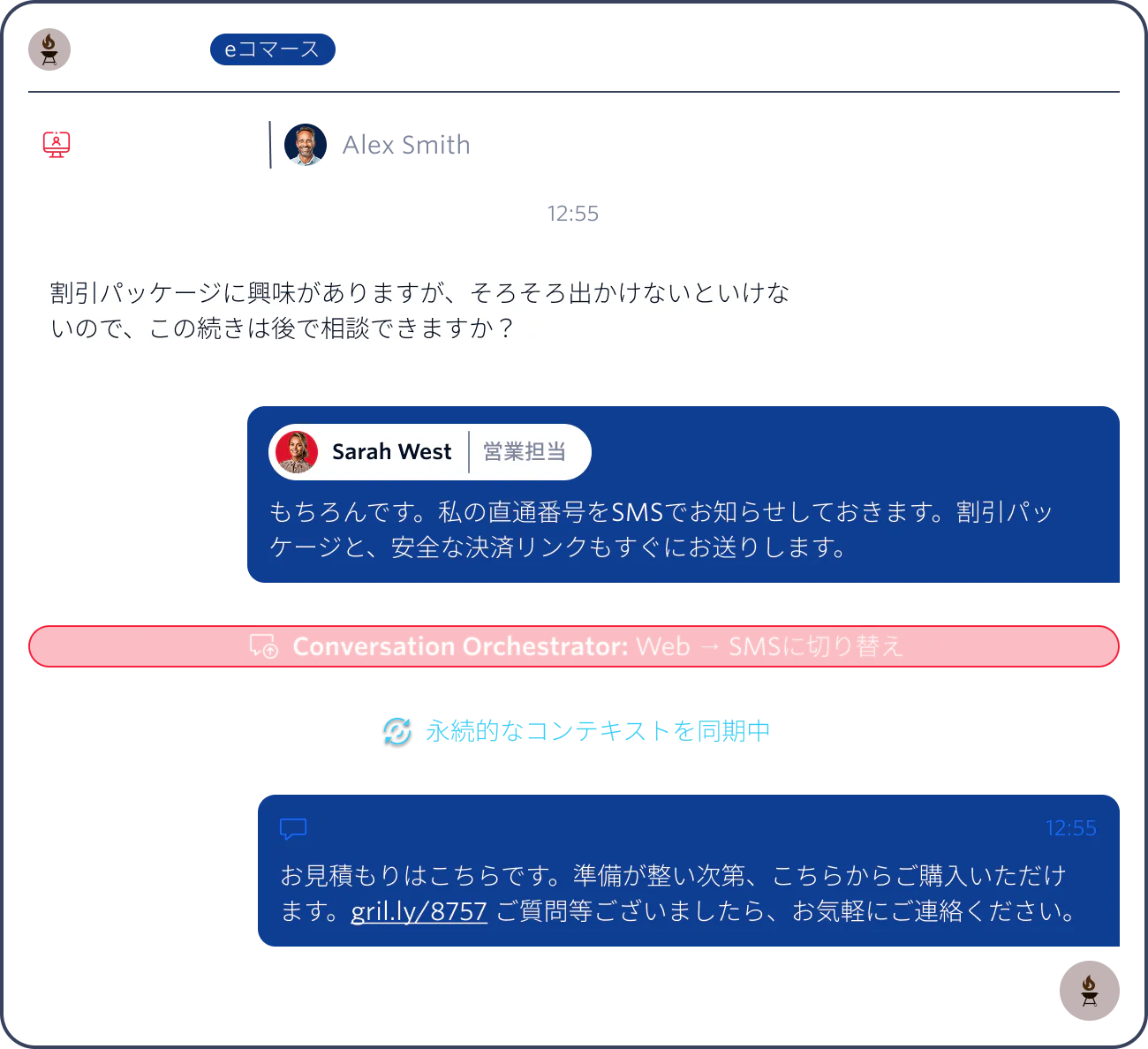 Chat between a customer and a sales expert about the Summit G4 Grill bundle with SMS follow-up link.