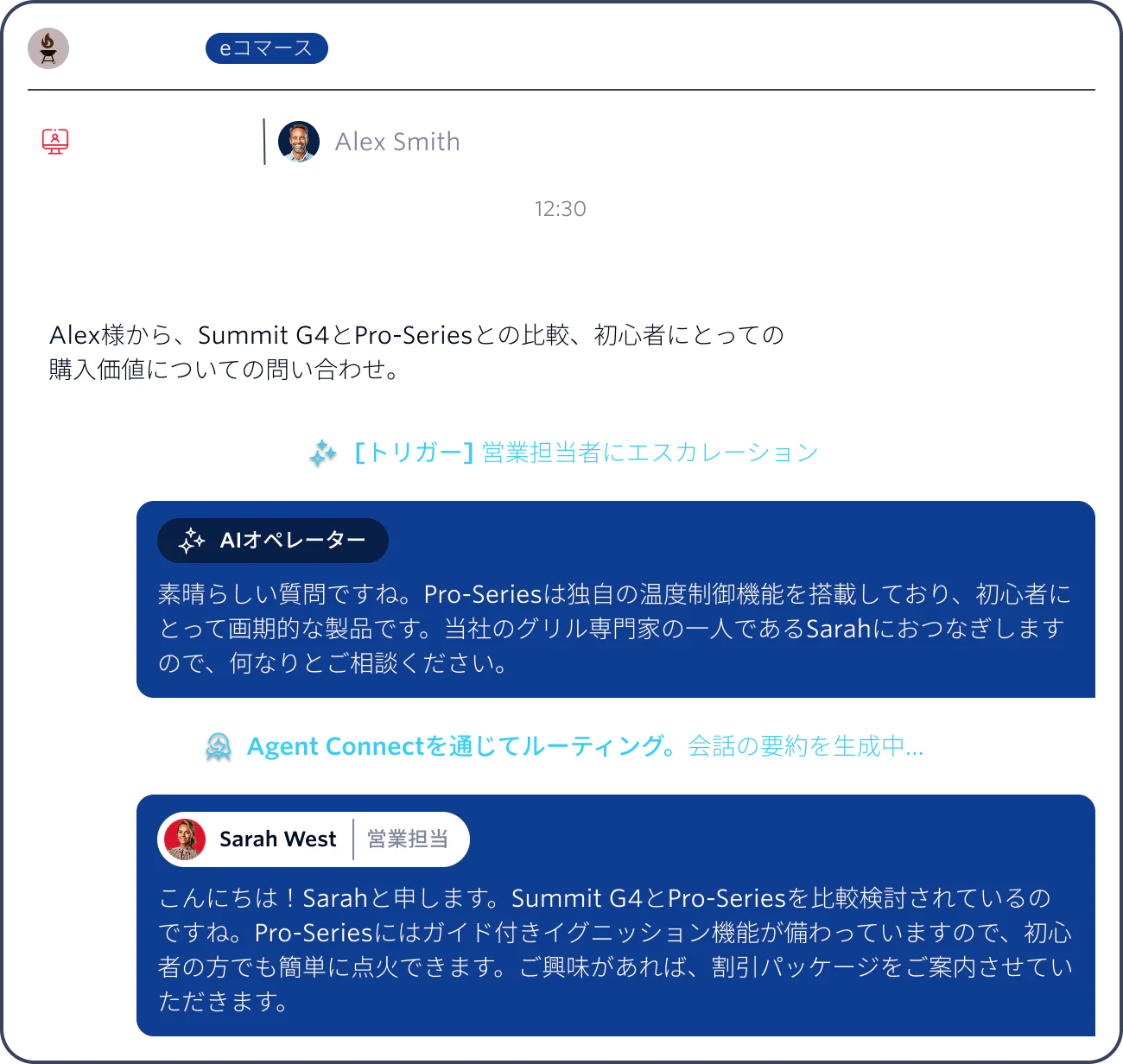 Screenshot of an AI and human agent assisting a customer in a web chat about the Summit G4 and Pro-Series grills.