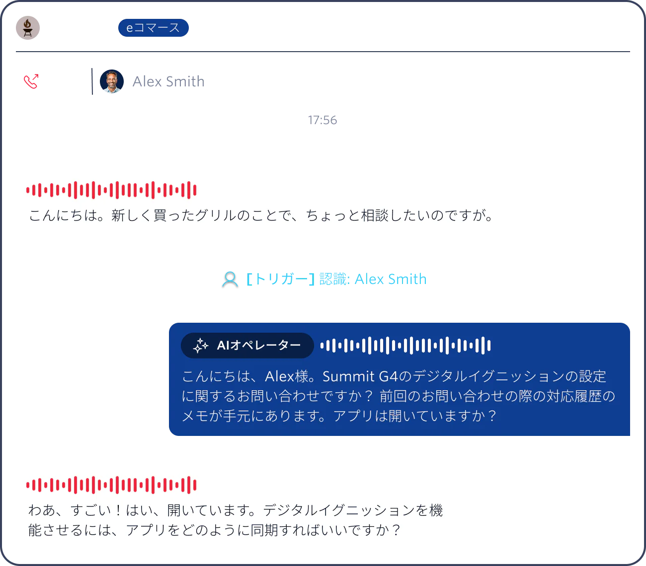 Chat interface showing conversation between customer Alex Smith and AI agent about Summit G4 Grill setup.
