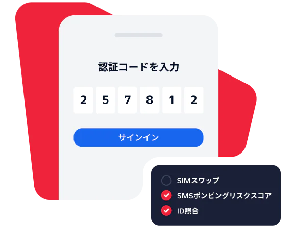 Screenshot of a verification code entry screen with security feature indicators for SIM swap, SMS pumping risk, and identity match.