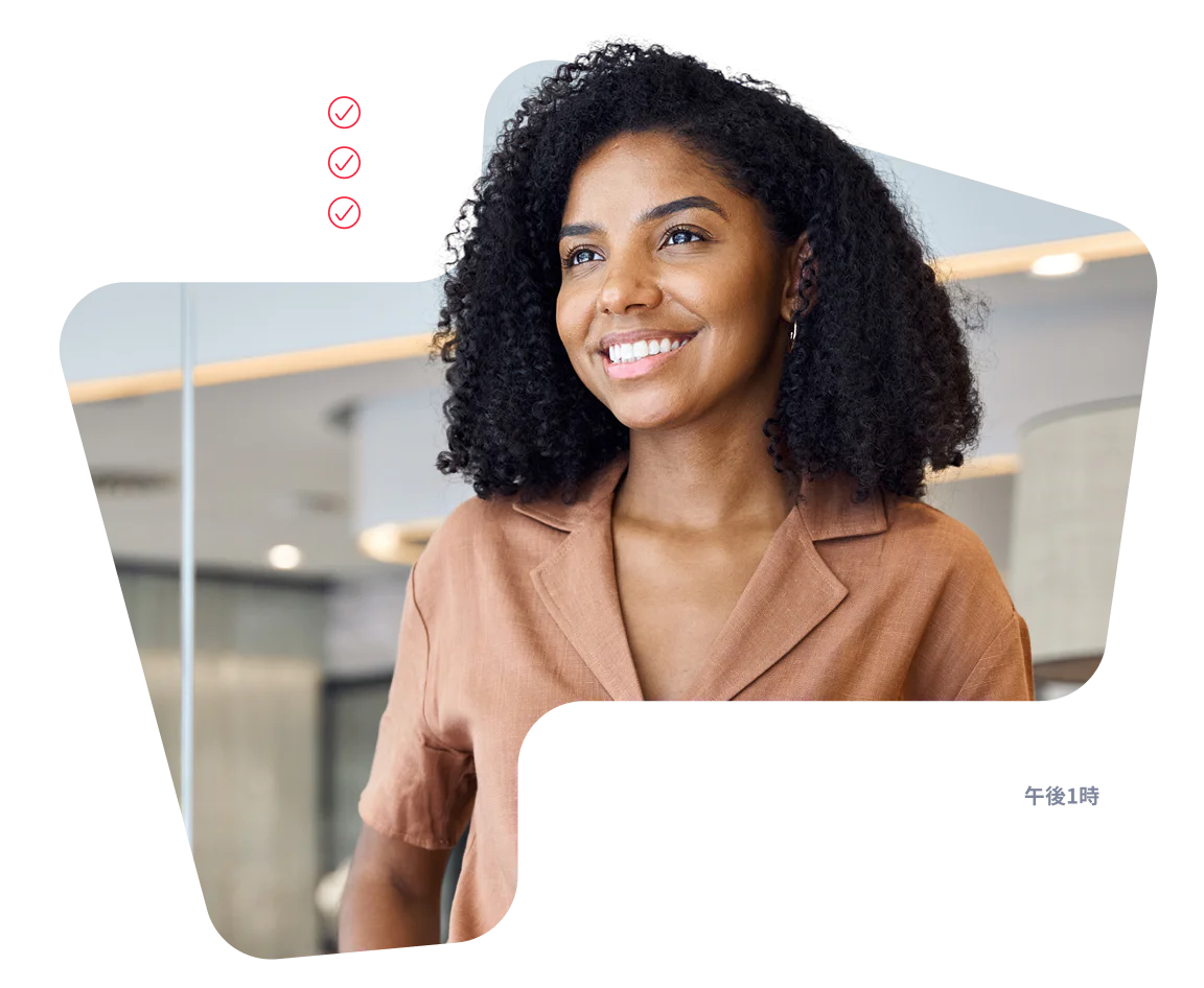 Smiling woman with order status updates from Owl Bakery including order received, preparing, and notification sent.