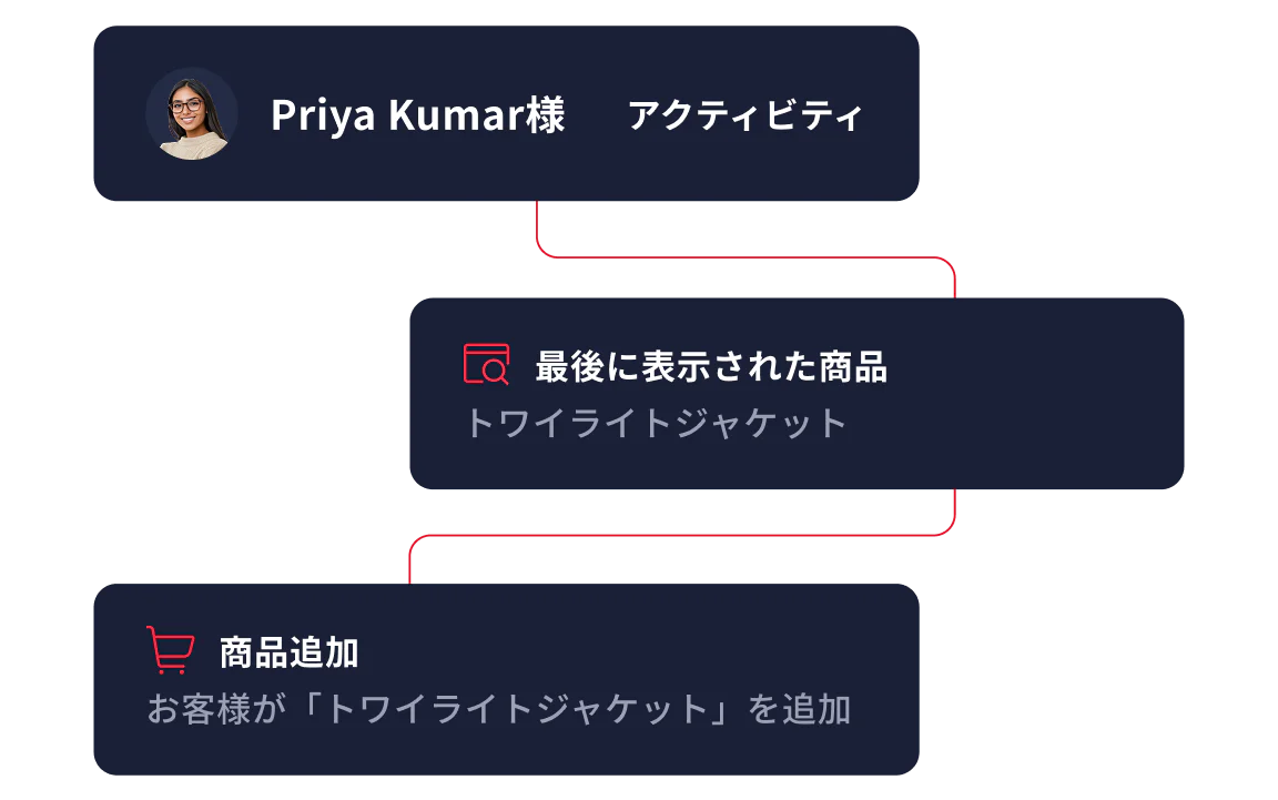 Customer Activity Flow for Priya Kumar Flowchart showing Priya Kumar's activity; last product seen was 'Twilight Jacket' and added 'Twilight Jacket' to cart.