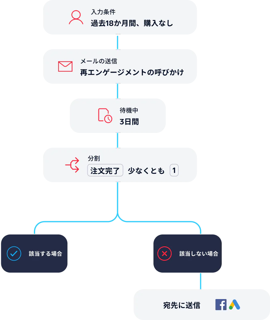 Flowchart depicting the steps for an email re-engagement campaign based on user purchase activity.