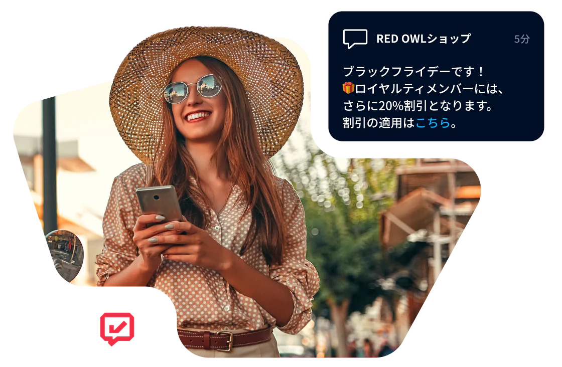 Woman wearing sunglasses and hat, holding smartphone with Black Friday sale notification on-screen.