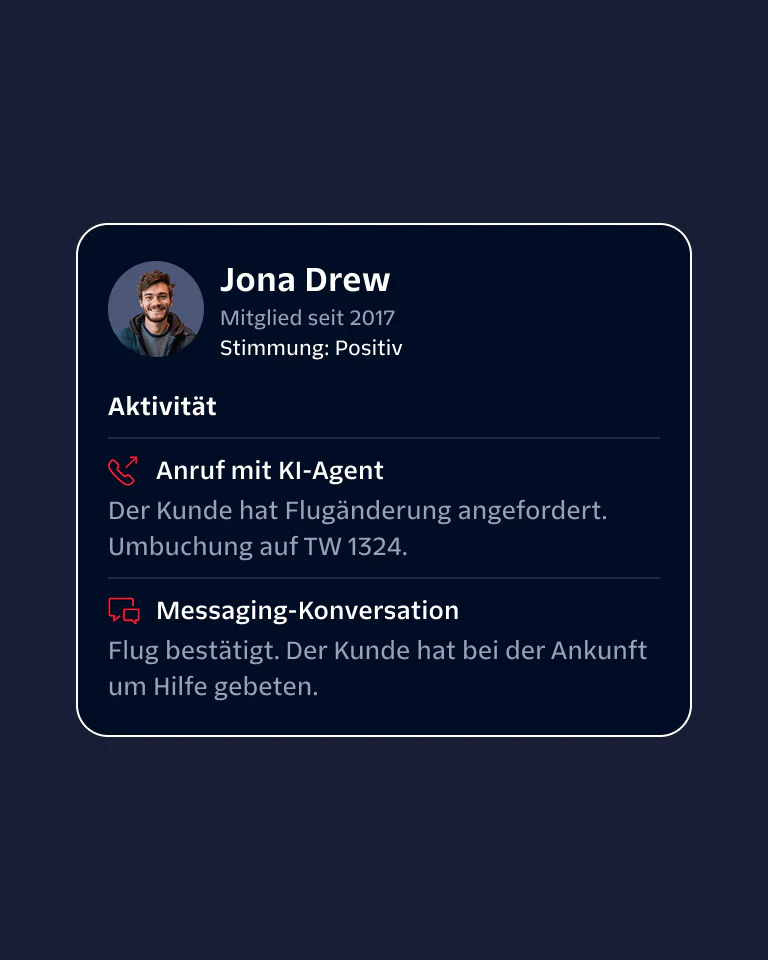 Profile of a customer interacting with AI agent for flight change and confirmation.