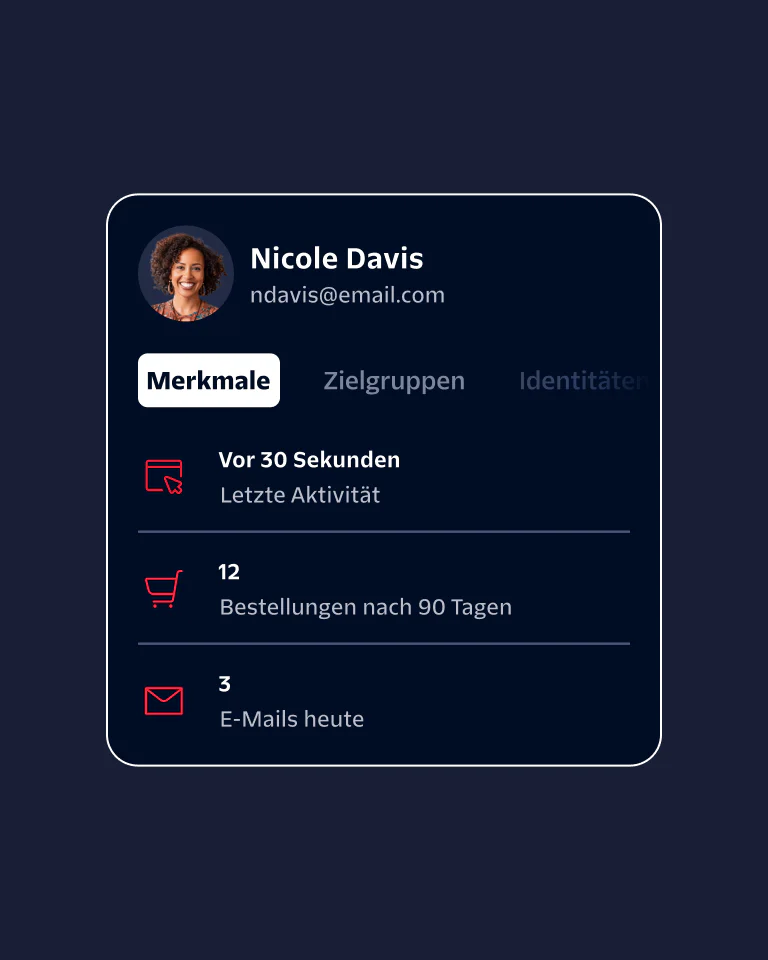 Profile card displaying a user's name, email, and recent activity on a dark background.