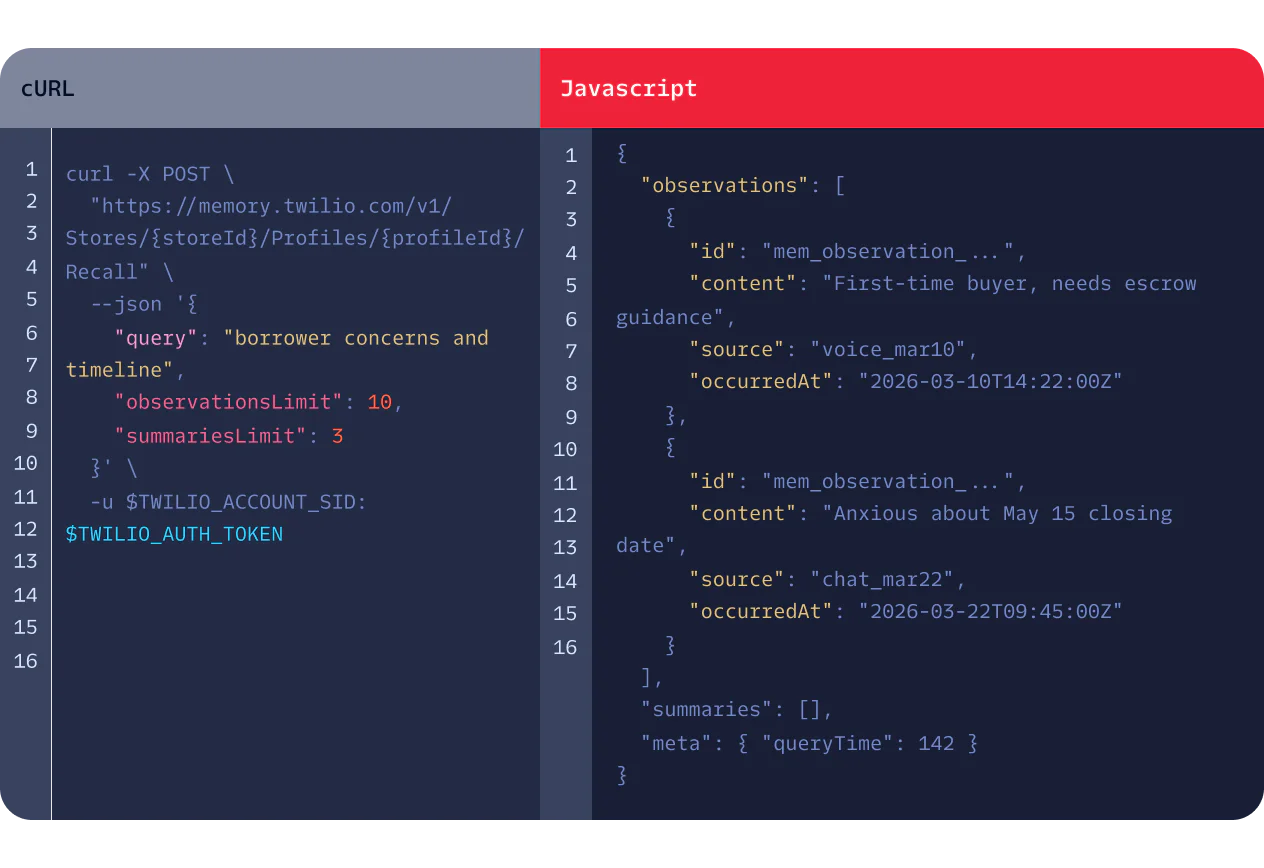 Side-by-side comparison of cURL and JavaScript code snippets for making API calls to Twilio.