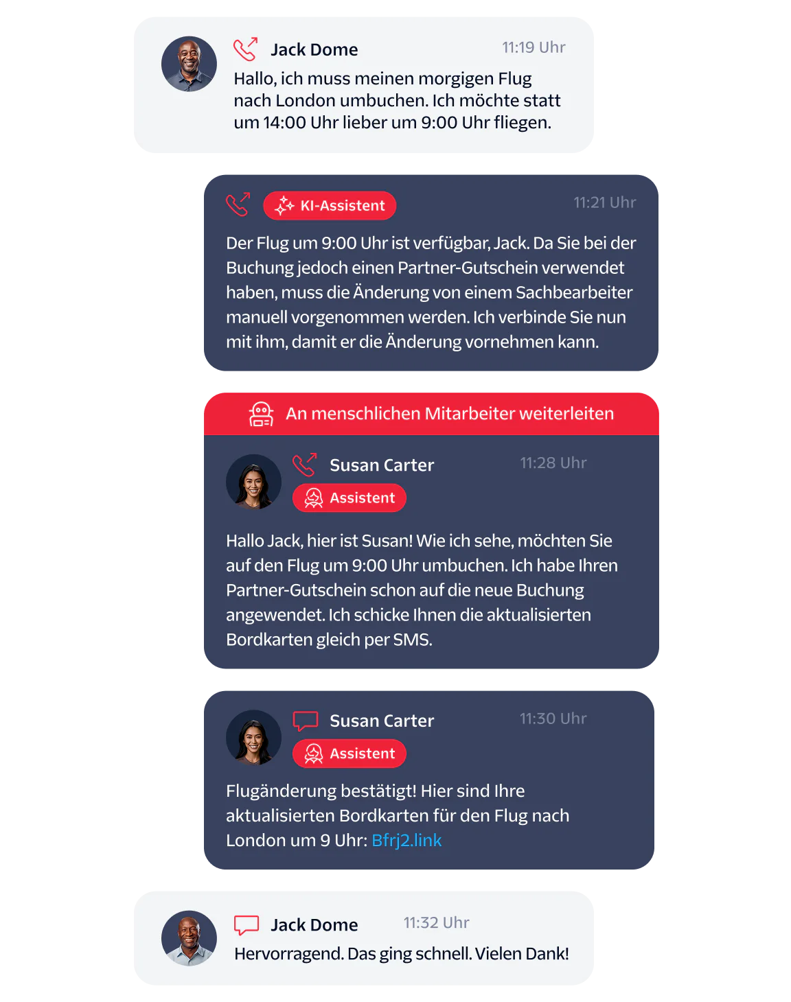 Chat conversation between Jack and Susan about changing a flight time using a companion voucher.