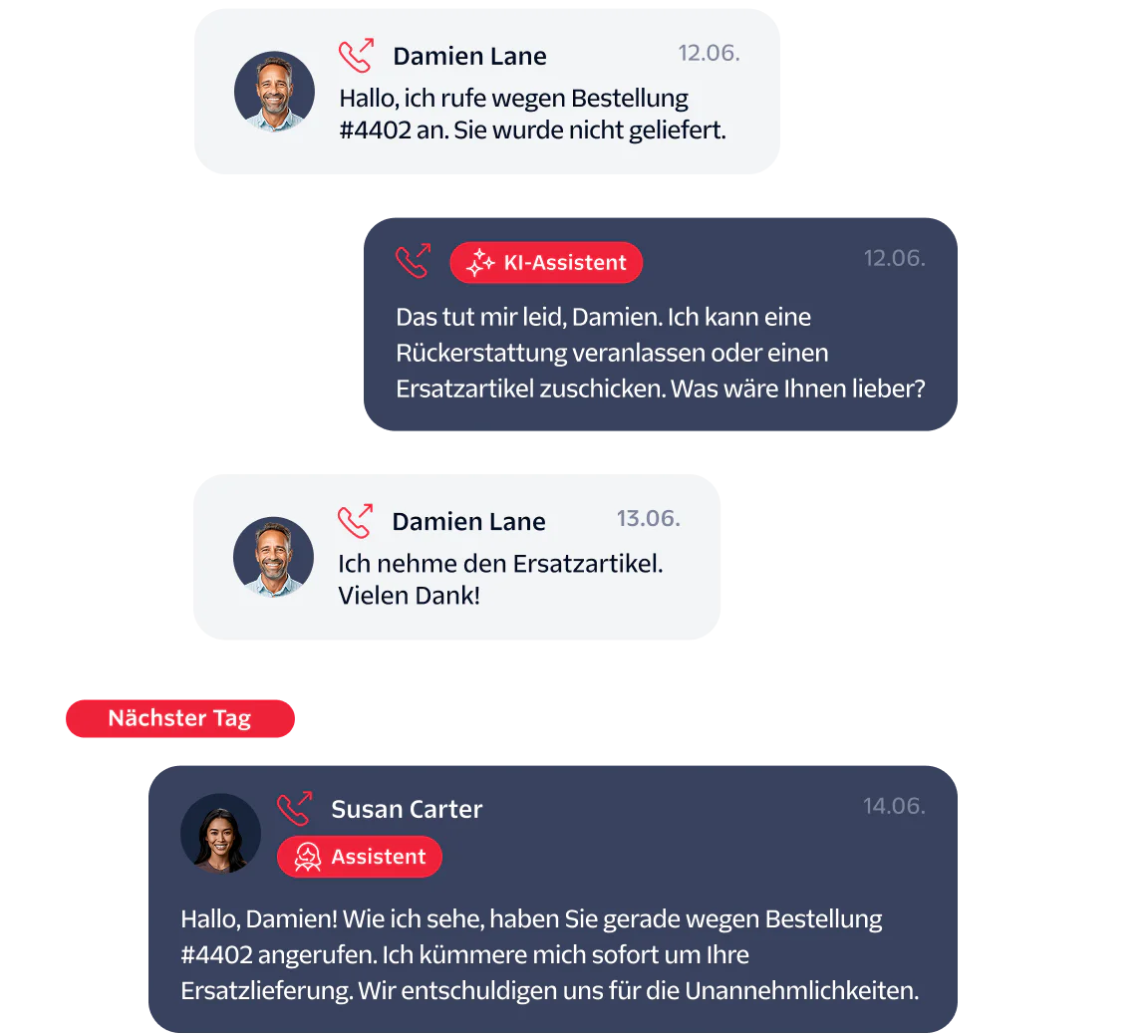 A chat between Damien Lane and AI/real agents about a missing order and replacement request.