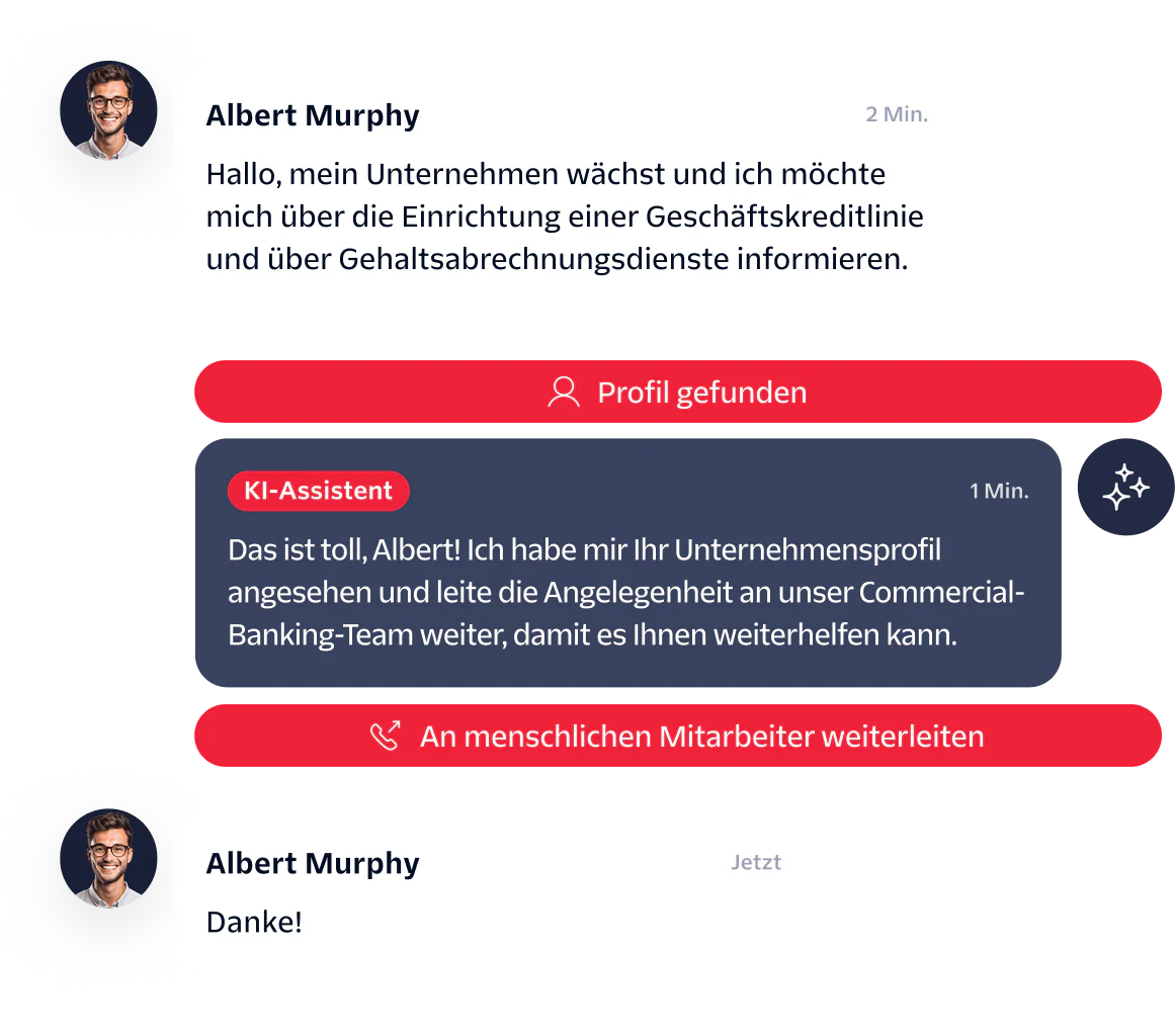 Chat exchange where Albert Murphy asks about business services, AI agent finds profile, then escalates to human agent.